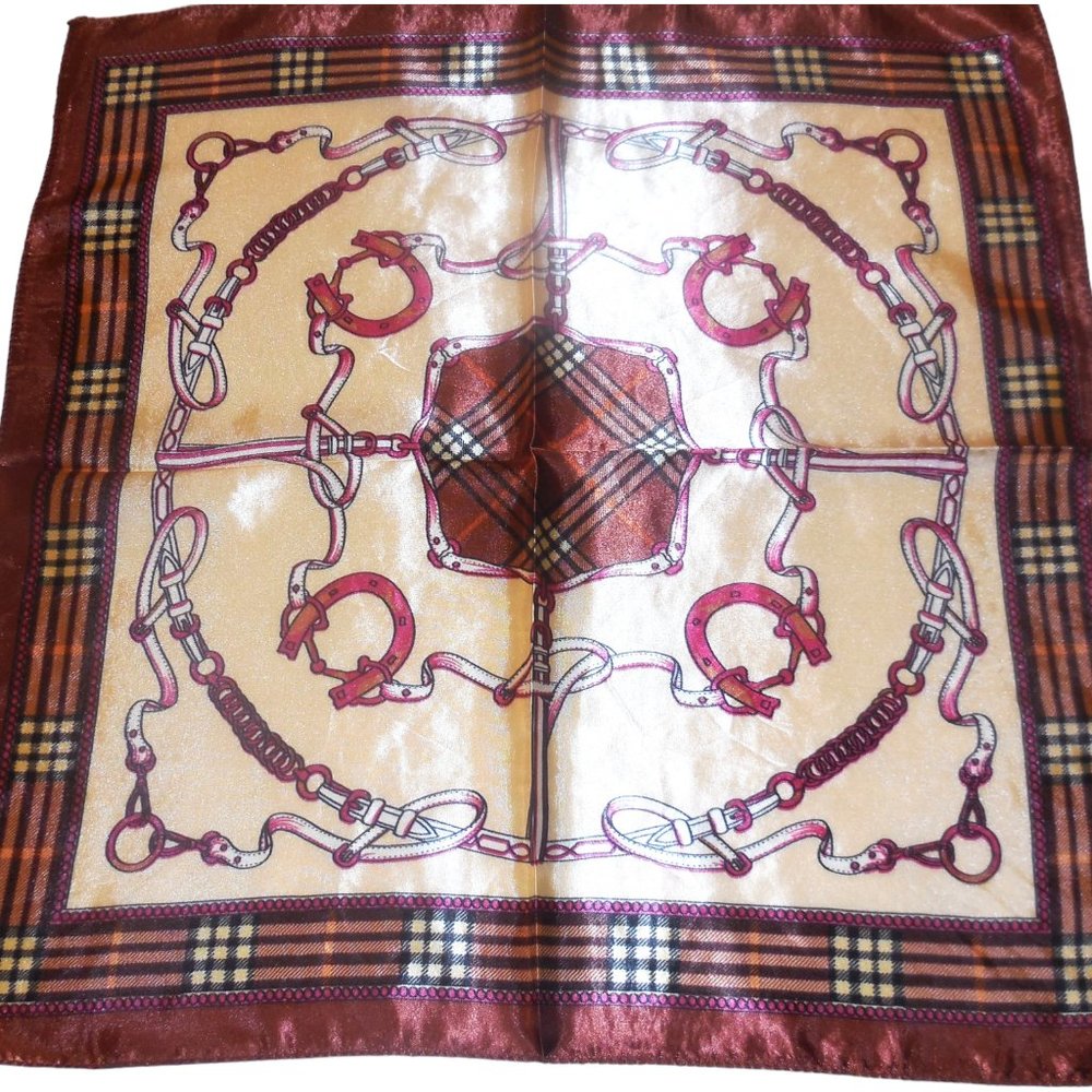 Vintage Scarf 19"x19" small square satin neckerchief red-tan-brown